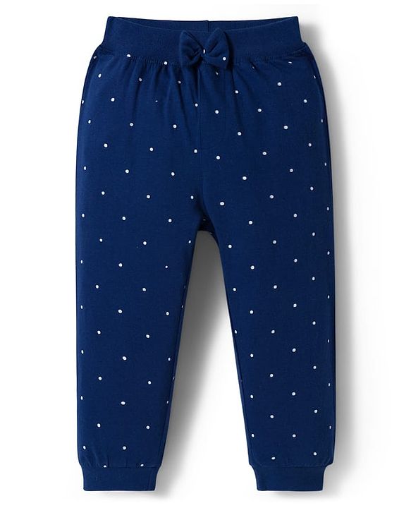 Babyhug Cotton Jersey Knit Full Length Floral & Polka Dot Printed Lounge Pants With Bow Applique Pack of 2 - Dark Pink & Navy Blue