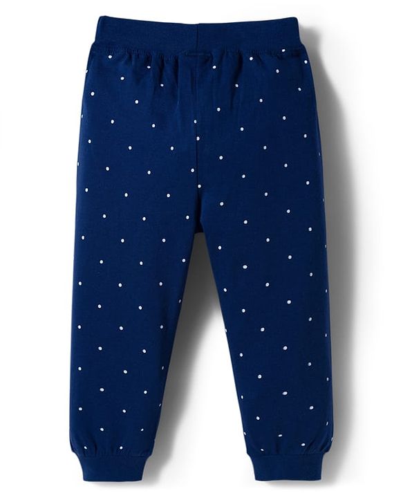 Babyhug Cotton Jersey Knit Full Length Floral & Polka Dot Printed Lounge Pants With Bow Applique Pack of 2 - Dark Pink & Navy Blue