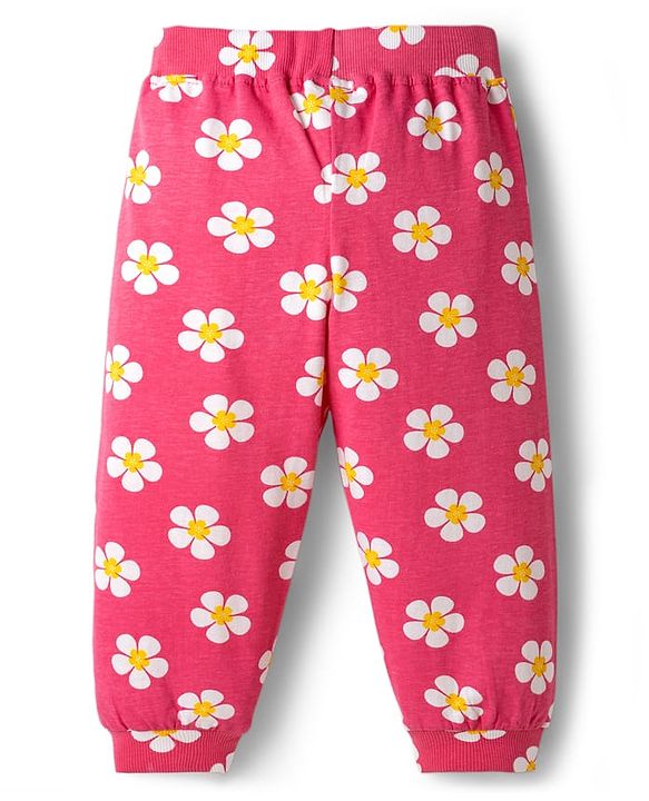 Babyhug Cotton Jersey Knit Full Length Floral & Polka Dot Printed Lounge Pants With Bow Applique Pack of 2 - Dark Pink & Navy Blue