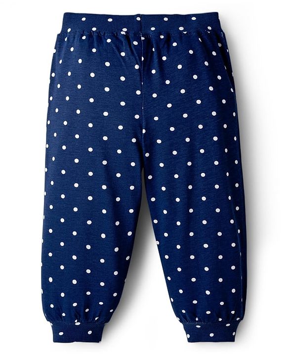 Babyhug Cotton Jersey Knit Full Length Floral & Polka Dot Printed Lounge Pants With Bow Applique Pack of 2 - Dark Pink & Navy Blue