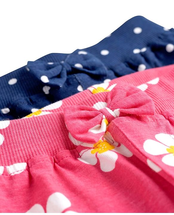 Babyhug Cotton Jersey Knit Full Length Floral & Polka Dot Printed Lounge Pants With Bow Applique Pack of 2 - Dark Pink & Navy Blue