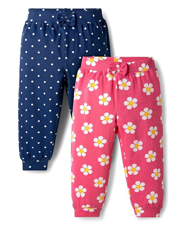 Babyhug Cotton Jersey Knit Full Length Floral & Polka Dot Printed Lounge Pants With Bow Applique Pack of 2 - Dark Pink & Navy Blue