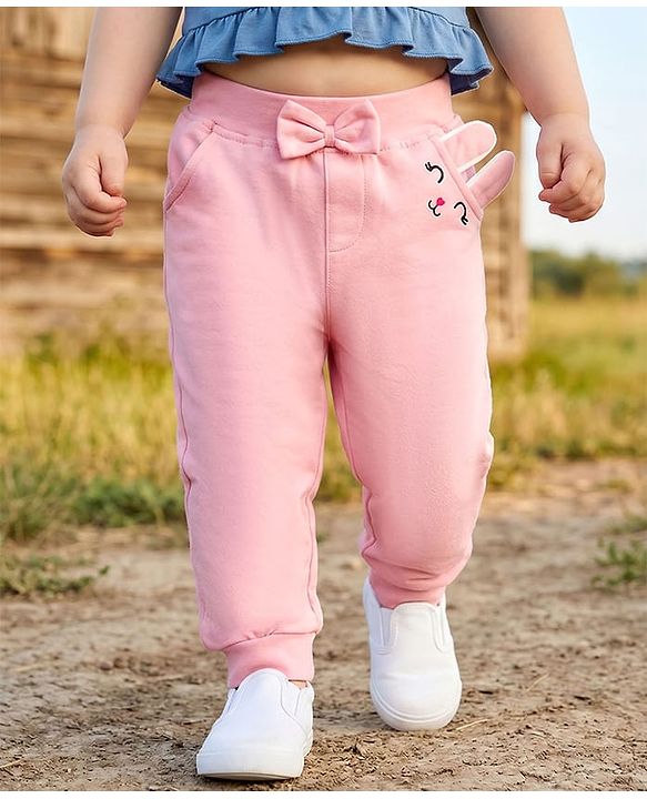 Babyhug Looper Knit Full Length Lounge Pant With Bunny Applique - Pink