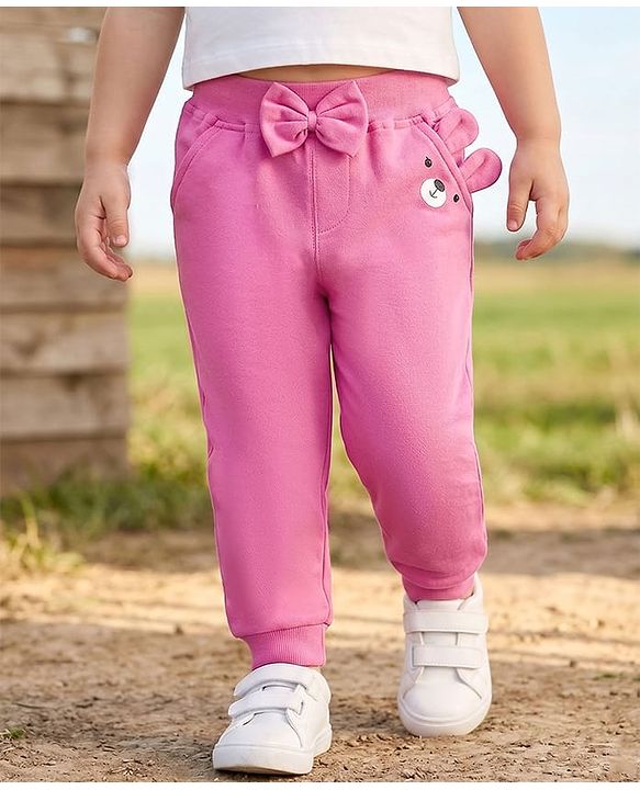 Babyhug Cotton Jersey Knit Full Length Lounge Pant With Animal Print & Bow Applique - Pink