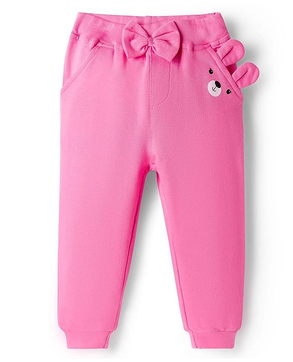Babyhug Cotton Jersey Knit Full Length Lounge Pant With Animal Print & Bow Applique - Pink