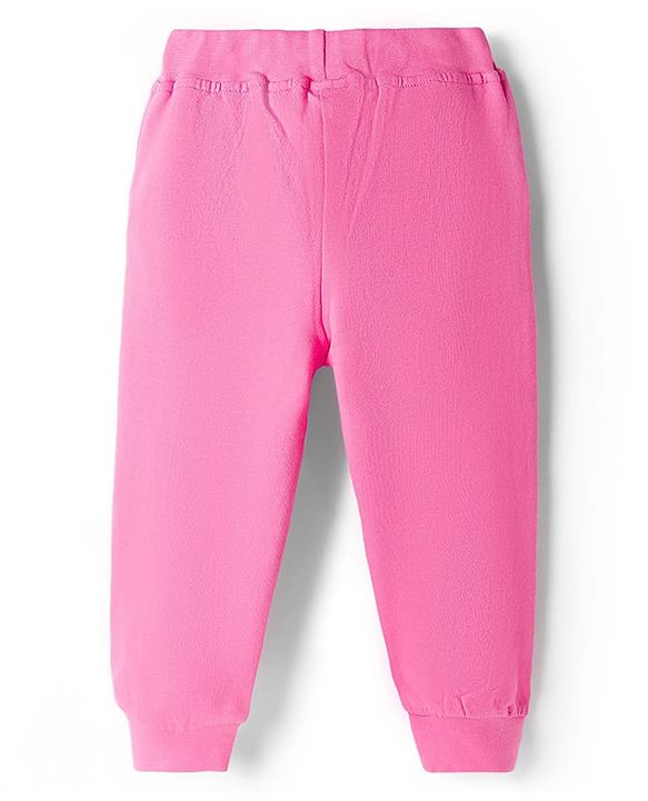Babyhug Cotton Jersey Knit Full Length Lounge Pant With Animal Print & Bow Applique - Pink