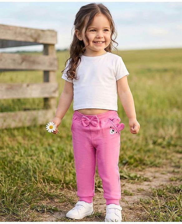 Babyhug Cotton Jersey Knit Full Length Lounge Pant With Animal Print & Bow Applique - Pink