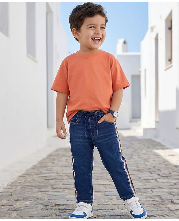 Babyhug Denim Full Length Jeans With Stretch & Tape Detailing - Navy Blue