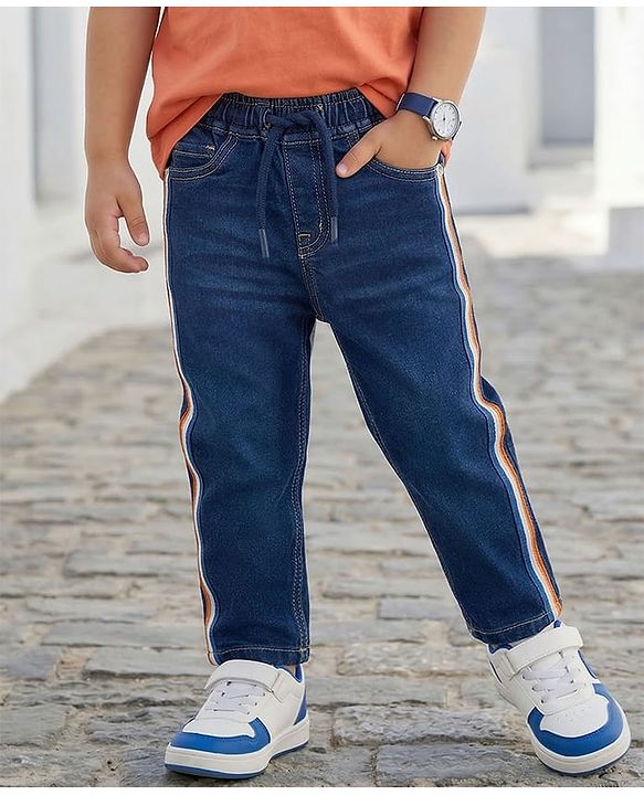 Babyhug Denim Full Length Jeans With Stretch & Tape Detailing - Navy Blue
