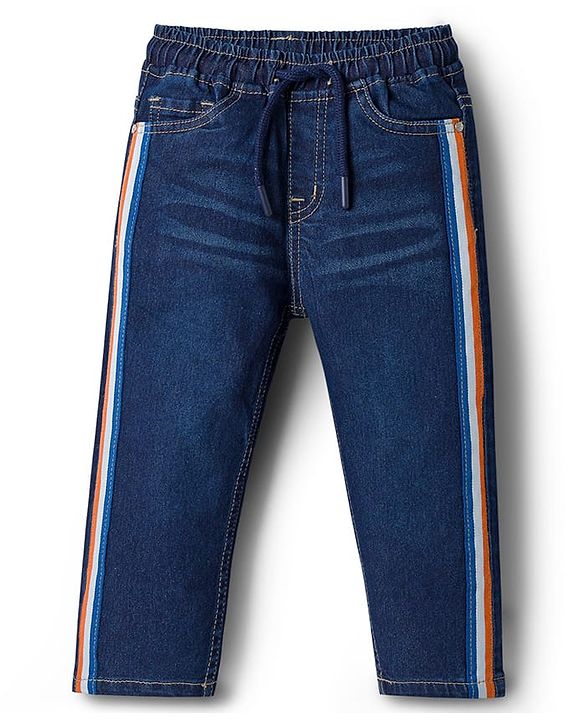 Babyhug Denim Full Length Jeans With Stretch & Tape Detailing - Navy Blue