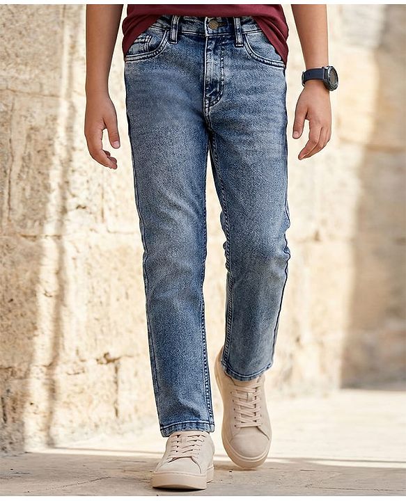 Pine Kids Woven Full Length Solid Denim Jeans - Blue