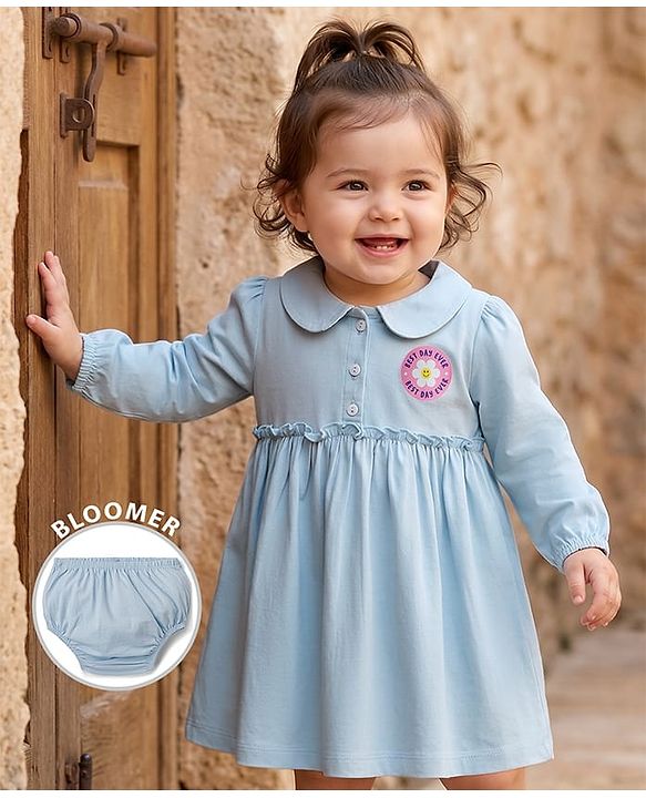 Babyug Single Jersey Knit Full Sleeves Best Day Ever Text Printed Frock with Bloomer - Blue
