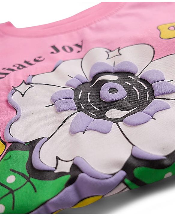 Pine Kids Cotton Knit Half Sleeves T-Shirt With Floral Print - Pink