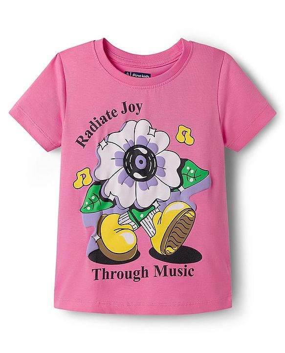 Pine Kids Cotton Knit Half Sleeves T-Shirt With Floral Print - Pink