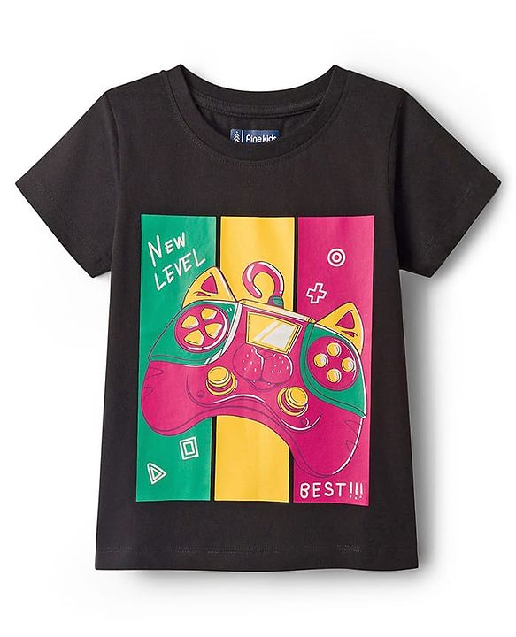 Pine Kids Cotton Knit Half Sleeves T-Shirt With Controller Print - Black