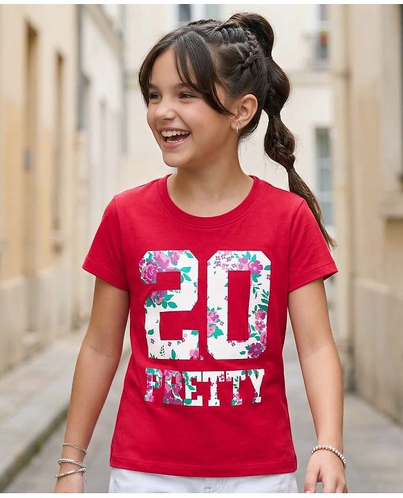 Pine Kids Cotton Knit Half Sleeves T-Shirt with Pretty Print - Red
