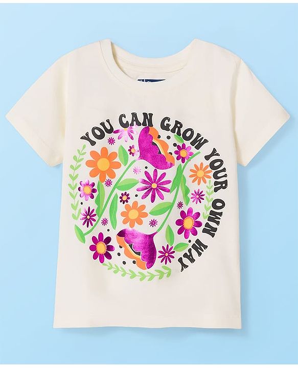 Pine Kids 100% Cotton Knit Half Sleeves Floral Printed T-Shirt - White
