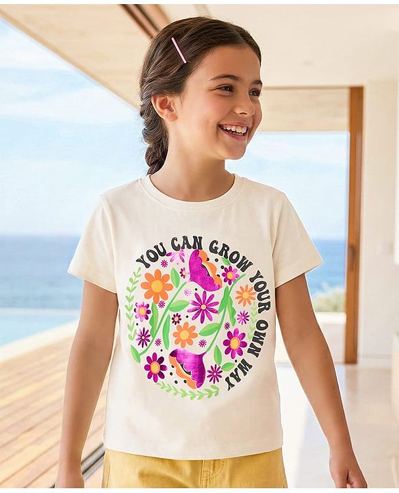 Pine Kids 100% Cotton Knit Half Sleeves Floral Printed T-Shirt - White