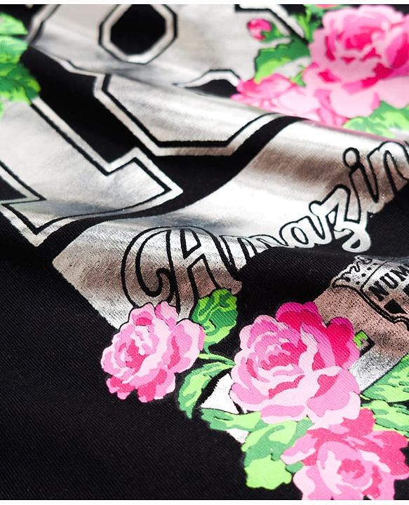 Pine Kids 100% Cotton Knit Half Sleeves Floral Printed T-Shirt - Black