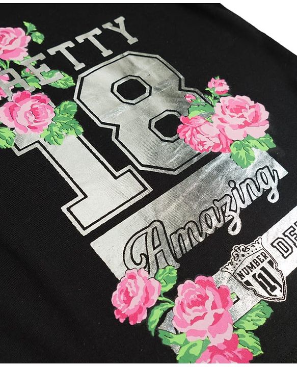 Pine Kids 100% Cotton Knit Half Sleeves Floral Printed T-Shirt - Black