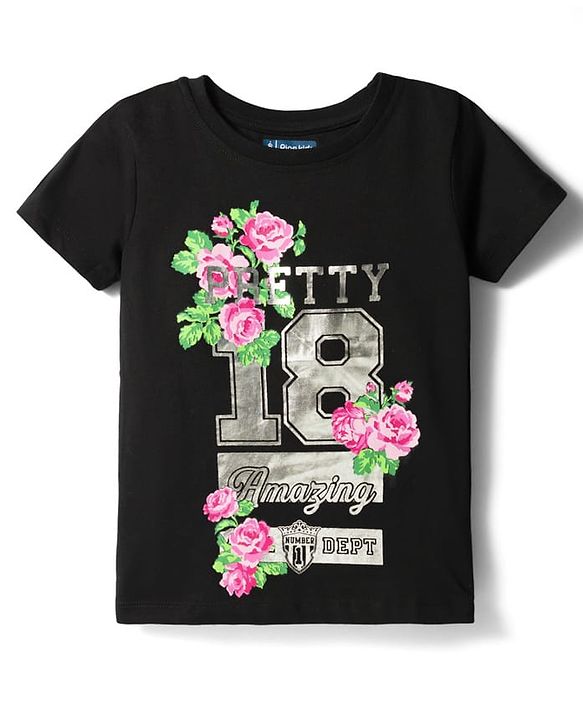 Pine Kids 100% Cotton Knit Half Sleeves Floral Printed T-Shirt - Black