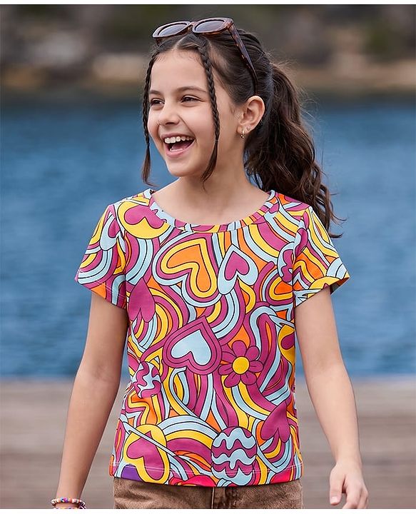 Pine Kids Cotton Knit T-Shirt Round Neck Short Sleeves Hearts Print Multicolor 4-5 Years