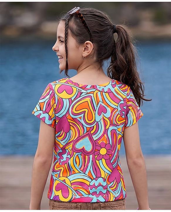 Pine Kids Cotton Knit T-Shirt Round Neck Short Sleeves Hearts Print Multicolor 4-5 Years