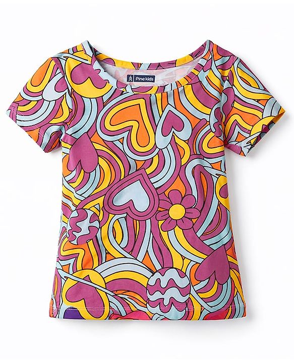 Pine Kids Cotton Knit T-Shirt Round Neck Short Sleeves Hearts Print Multicolor 4-5 Years