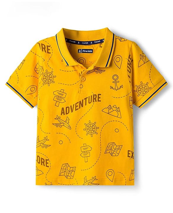Pine Kids 100% Cotton Knit Half Sleeves Aeroplane Printed T-Shirt - Golden