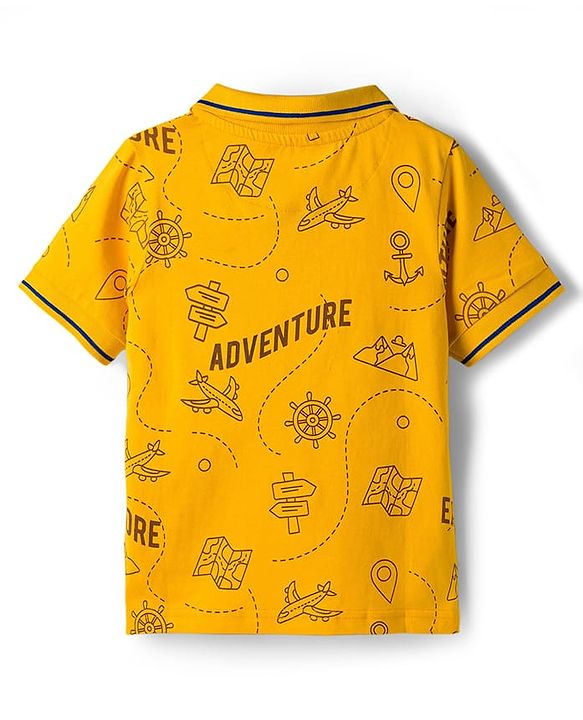 Pine Kids 100% Cotton Knit Half Sleeves Aeroplane Printed T-Shirt - Golden