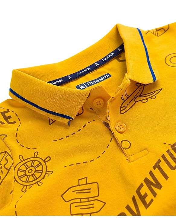 Pine Kids 100% Cotton Knit Half Sleeves Aeroplane Printed T-Shirt - Golden