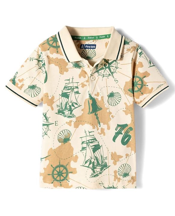 Pine Kids Cotton Knit Half Sleeves Polo T-Shirt with Nautical Theme Print - Beige