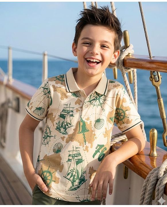 Pine Kids Cotton Knit Half Sleeves Polo T-Shirt with Nautical Theme Print - Beige