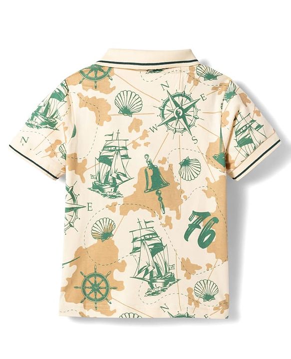 Pine Kids Cotton Knit Half Sleeves Polo T-Shirt with Nautical Theme Print - Beige