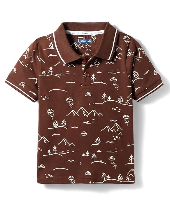 Pine Kids 100% Cotton Knit Half Sleeves Mountains Printed Polo T-Shirt - Brown