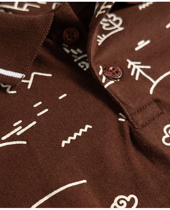 Pine Kids 100% Cotton Knit Half Sleeves Mountains Printed Polo T-Shirt - Brown