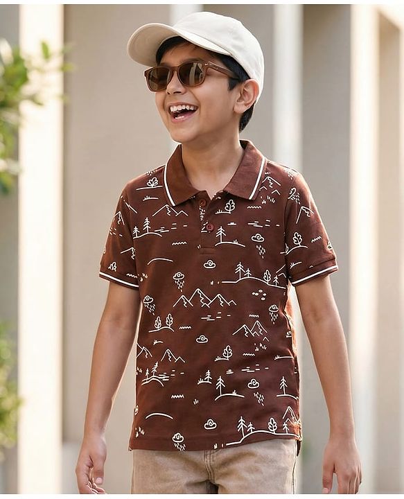 Pine Kids 100% Cotton Knit Half Sleeves Mountains Printed Polo T-Shirt - Brown