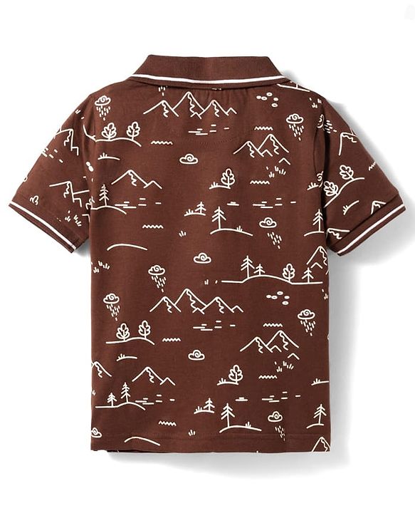 Pine Kids 100% Cotton Knit Half Sleeves Mountains Printed Polo T-Shirt - Brown