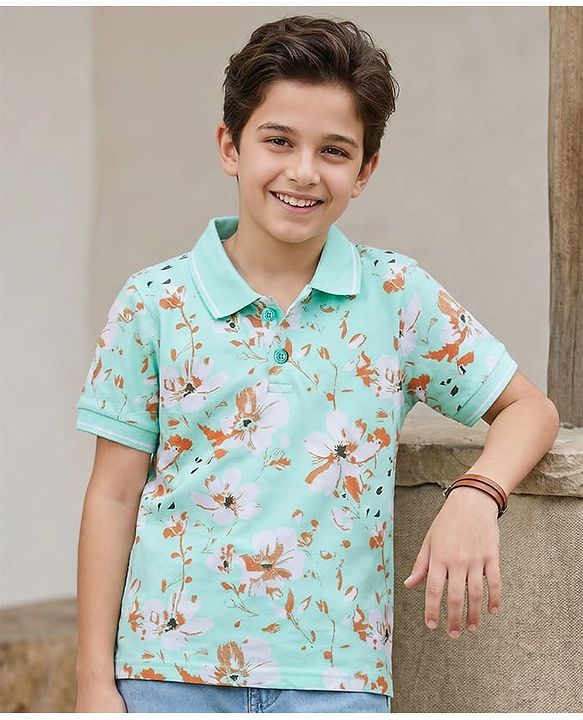 Pine Kids 100% Cotton Half Sleeves Floral Printed T-Shirt - Turquoise