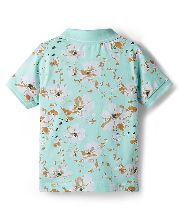 Pine Kids 100% Cotton Half Sleeves Floral Printed T-Shirt - Turquoise