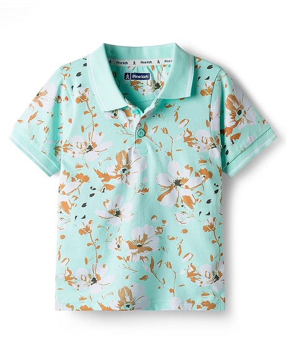 Pine Kids 100% Cotton Half Sleeves Floral Printed T-Shirt - Turquoise