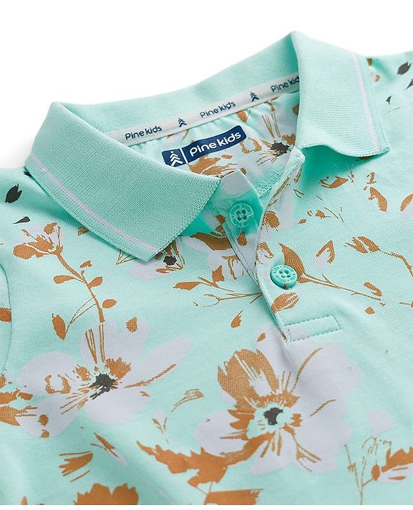 Pine Kids 100% Cotton Half Sleeves Floral Printed T-Shirt - Turquoise