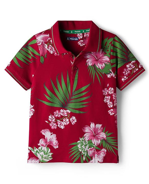 Pine Kids 100% Cotton Knit Half Sleeves Floral Printed Polo T-Shirt - Maroon