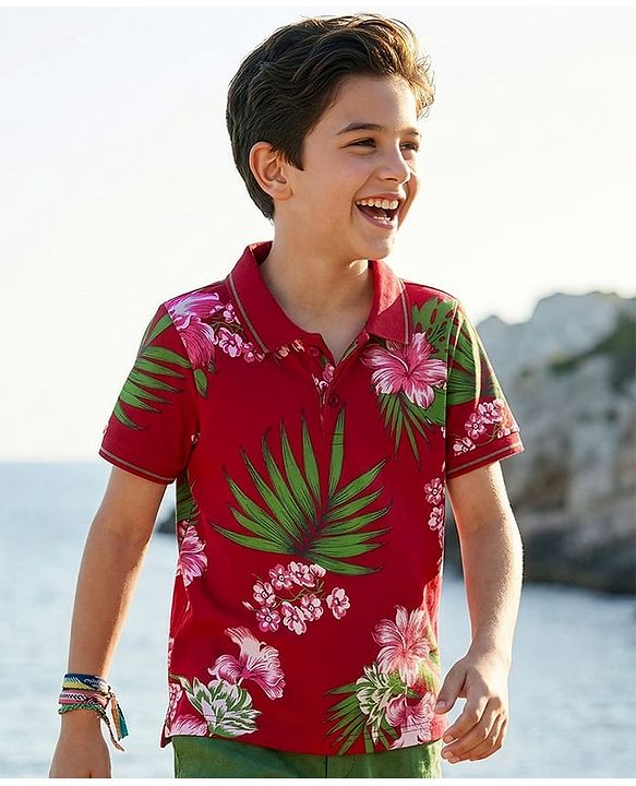 Pine Kids 100% Cotton Knit Half Sleeves Floral Printed Polo T-Shirt - Maroon