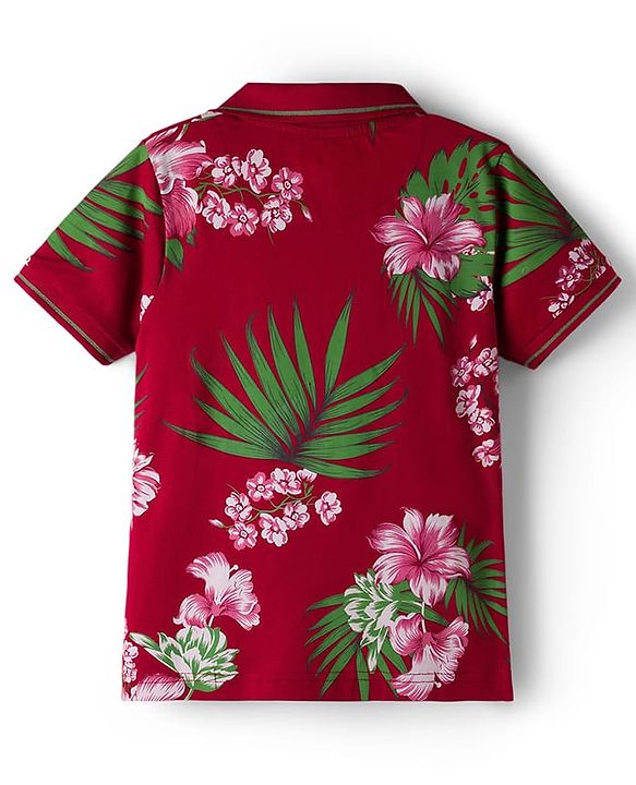 Pine Kids 100% Cotton Knit Half Sleeves Floral Printed Polo T-Shirt - Maroon