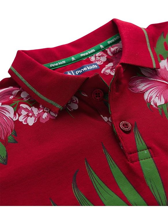 Pine Kids 100% Cotton Knit Half Sleeves Floral Printed Polo T-Shirt - Maroon