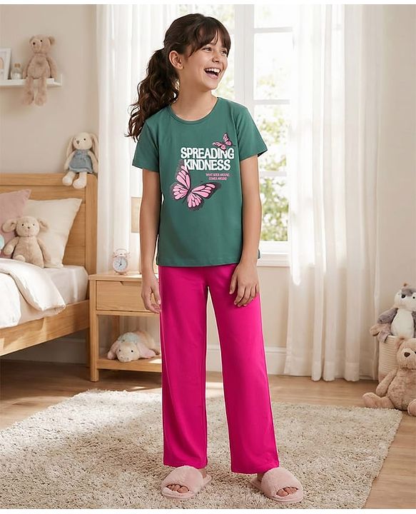 Pine Kids Single Jersey Knit Half Sleeves T-Shirt & Pyjama Night Suit With Butterfly Print - Green & Pink