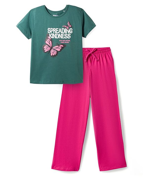 Pine Kids Single Jersey Knit Half Sleeves T-Shirt & Pyjama Night Suit With Butterfly Print - Green & Pink