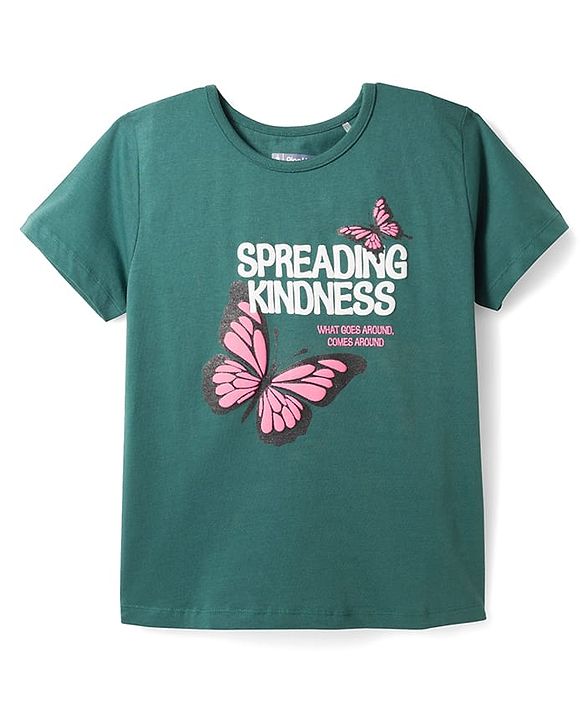 Pine Kids Single Jersey Knit Half Sleeves T-Shirt & Pyjama Night Suit With Butterfly Print - Green & Pink