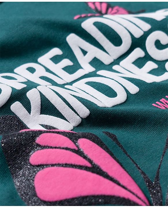 Pine Kids Single Jersey Knit Half Sleeves T-Shirt & Pyjama Night Suit With Butterfly Print - Green & Pink